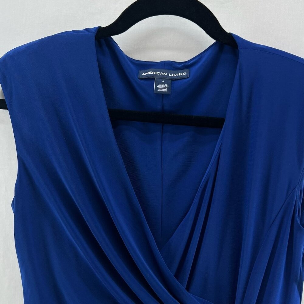 American Living Ruffled Faux-Wrap Dress Womens 6 Ruched Sleeveless Stretch Blue - Picture 11 of 13